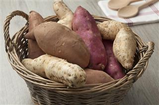 Basket with sweet potatoes
