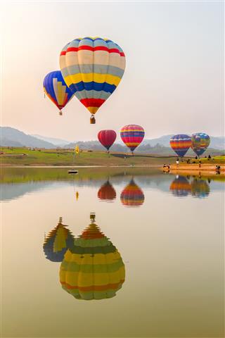 Hot Air Balloon Over Lake