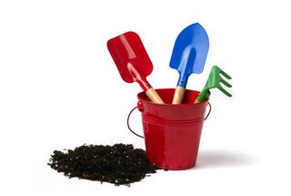 garden tools in red bucket