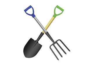 Crossed shovel and pitchfork