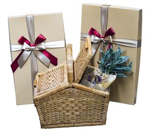 gift wrapped boxes and basket