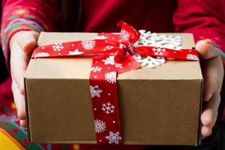Gift box tied with red ribbon