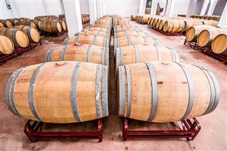 American Oak Barrels With Red Wine
