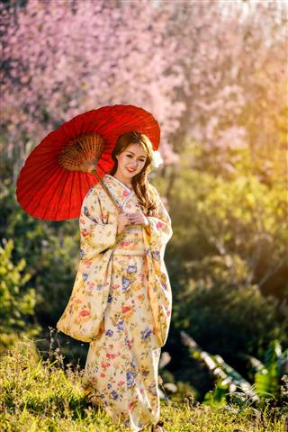 Woman Wearing Japanese Kimono
