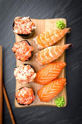 Nigiri Sushi With Prawns And Salmon