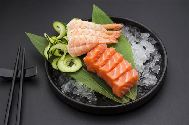 Japanese Cuisine Salmon Sashimi On Ice