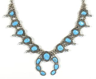 Navajo Silver And Turquoise Squash Blossom Necklace