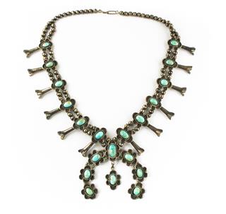 Navajo Silver And Turquoise Squash Blossom Necklace
