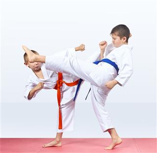 Karateka Beat Kicks On Red Mats
