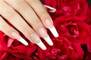 Hand with french manicure and red roses