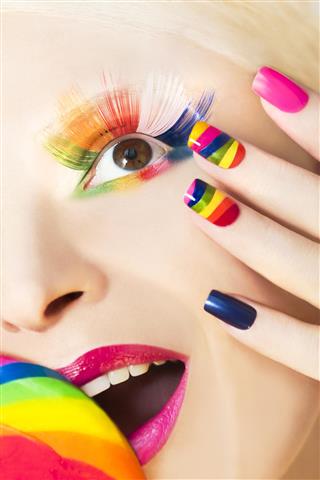 Rainbow manicure and makeup