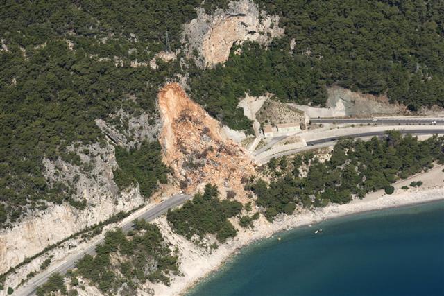 Aerial View Of Landslides On Road