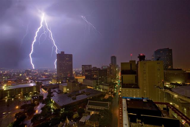 Urban Lightening Storm In The City