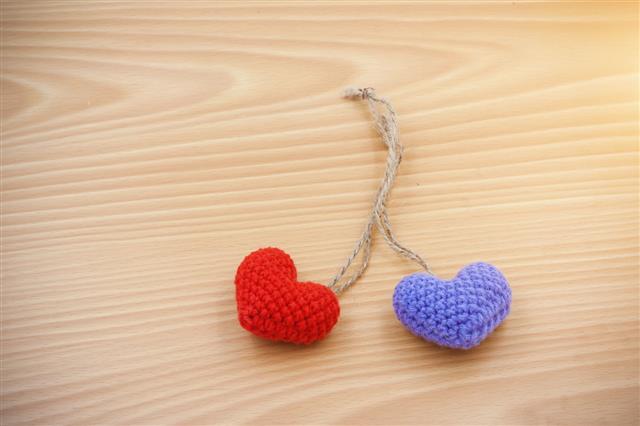 Red And Violet Heart Made From Yarn