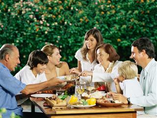 Family sharing a meal outdoors