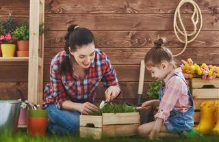 Mother and Daughter Engaged in Gardening