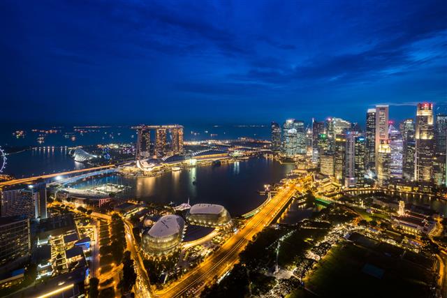 Aerial View Singapore Marina Bay At Dusk