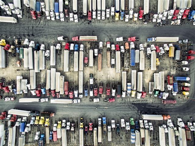 Aerial View Of Trucks And Trailers