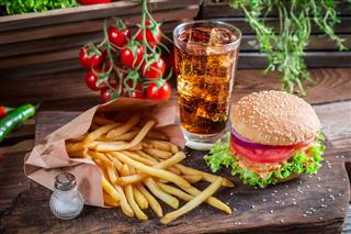 Tasty Hamburger With Cold Drink