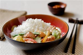 Thai Curry With Fish Vegetables And Rice