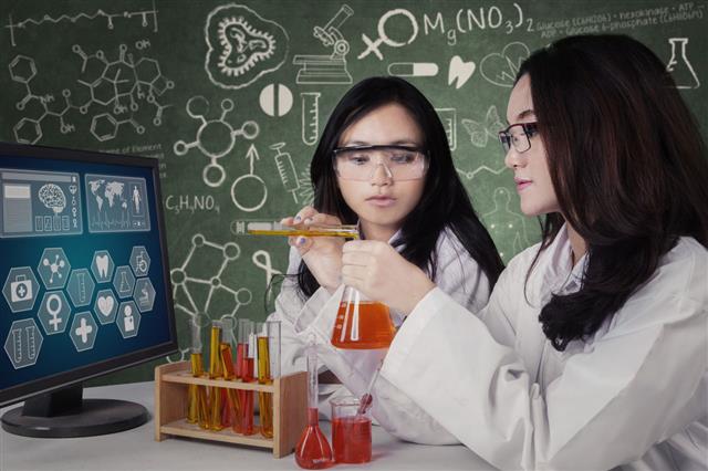 Female Students Mix The Chemical Fluid
