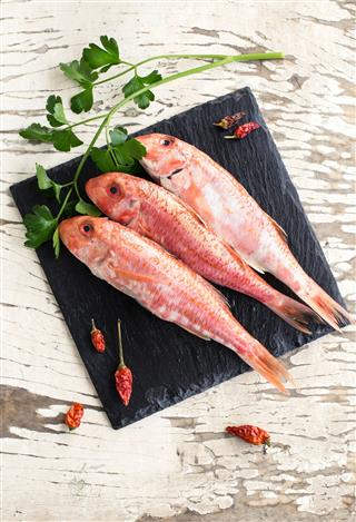 Three Raw Red Mullet On Plate