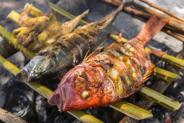 Fresh Fish Barbeque On Wood Fire