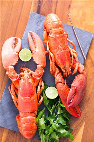 Cooked Lobsters On A Table