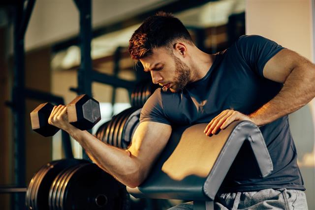 Handsome man doing biceps lifting with dumbbell on bench in a gym