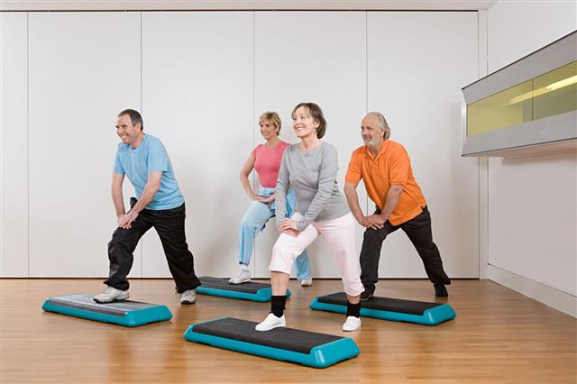 Mature Adults Doing Step Aerobics