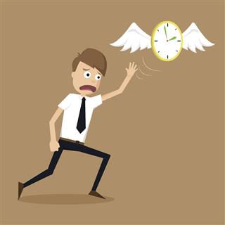 Clock with wings fly escape away from a businessman