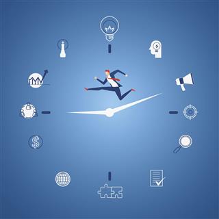 Businessman running on business time with icons and elements concept
