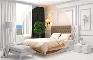 Bedroom interior with CAD wireframe mesh.