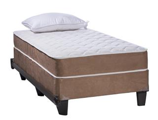 Twin bed frame with soft mattress and white pillow isolated