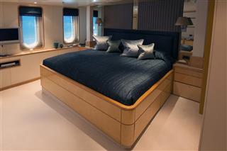 Luxury motor yacht bedroom.