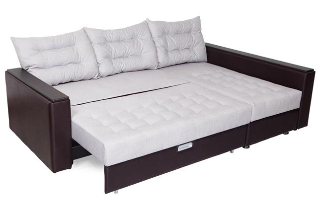 Folding sofa bed of white, full-size, armrests upholstered brown leatherette.