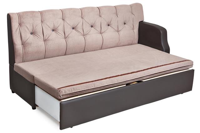 Full-size sofa bed light brown fabric and hidden storage system.