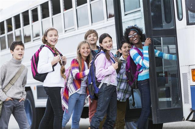 Children Getting On School Bus