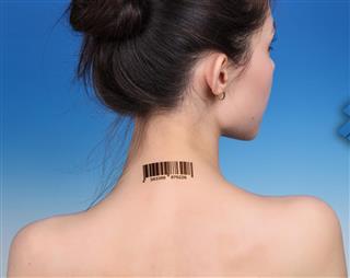 Code tattoo on woman neck