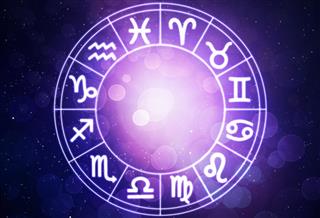 Twelve Greek symbols on Horoscope circle in space