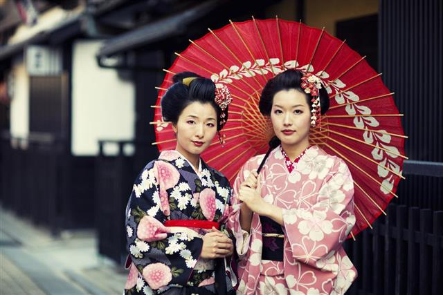 Traditional Japanese Women Dressed in Kimono in Kyoto Japan