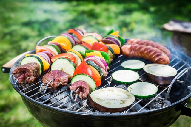 Roasting fresh vegetables and red beef with spices in garden