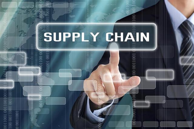Businessman hand touching SUPPLY CHAIN sign on virtual screen