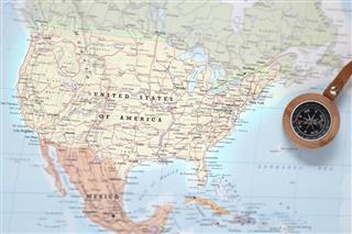 Travel destination United States map with compass