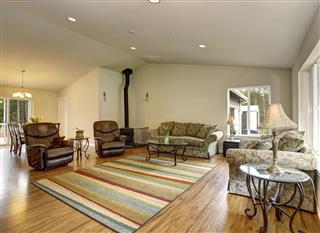 Lovely hardwood family room with striped rug
