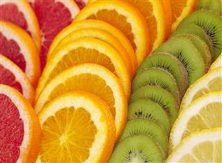 Grapefruit orange kiwi and lemon slices arranged in lines