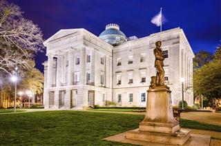 North Carolina State Capitol building lit up at night