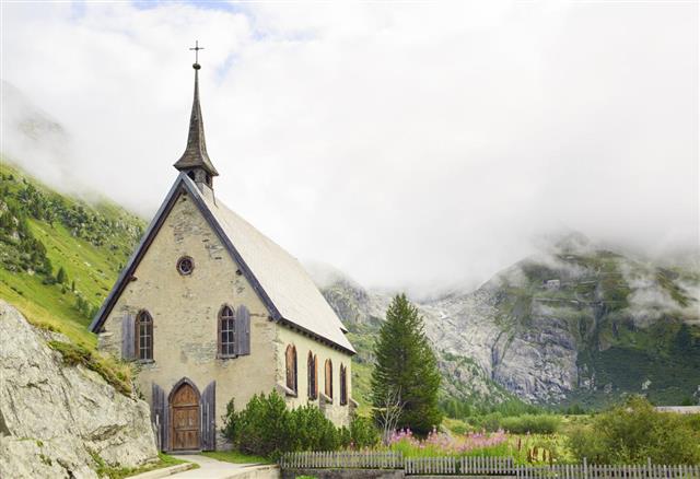 View of Gletsch Anglican Chapel and Rhone Glacier Valley