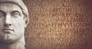 Face of the Emperor Constantine and latin script