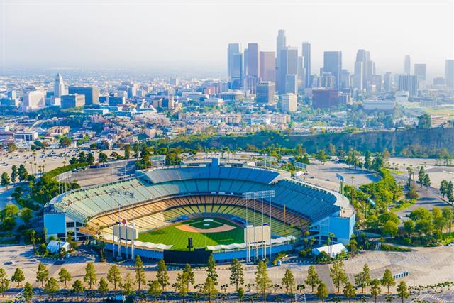 Los Angeles California panoramic skyline cityscape aerial over Dodger Stadium